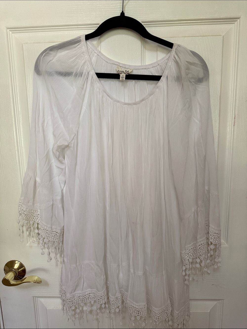 krazy kat White Boho Tunic with Crochet Fringe